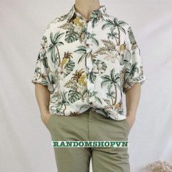Áo sơ mi cây dừa trái thơm nền trắng